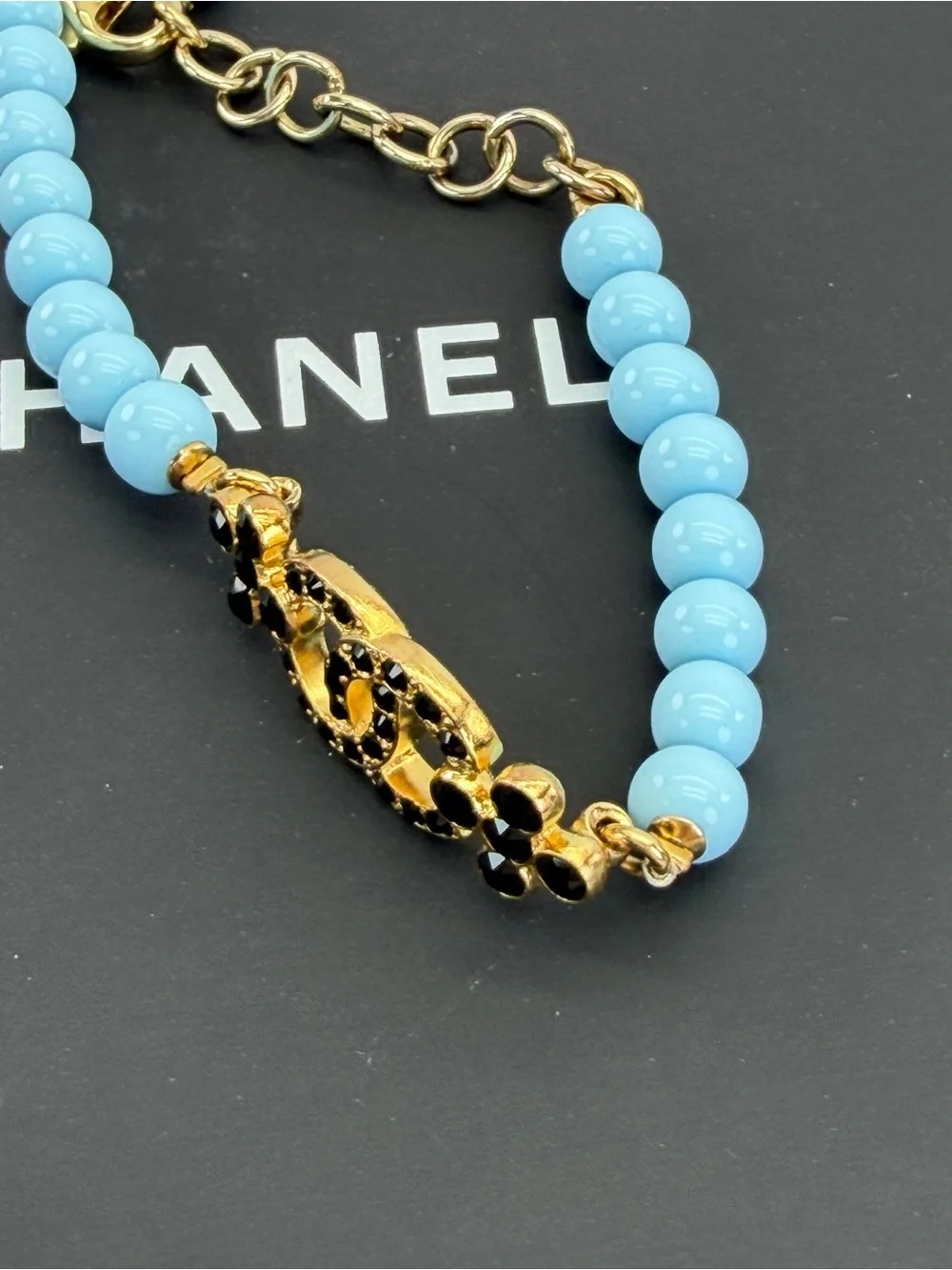 Chanel C23A Pearl Coco Mark Rhinestone Bracelet Tiffany Blue